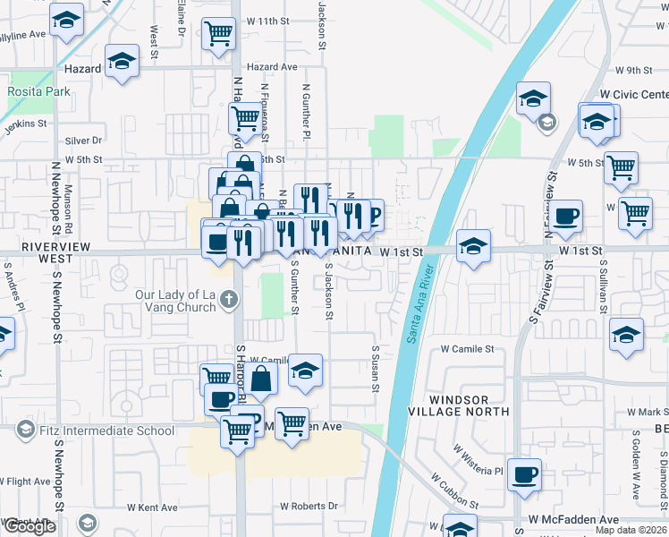 map of restaurants, bars, coffee shops, grocery stores, and more near 204 Miller Place in Santa Ana
