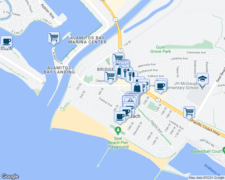 map of restaurants, bars, coffee shops, grocery stores, and more near 235 6th Street in Seal Beach