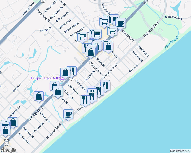 map of restaurants, bars, coffee shops, grocery stores, and more near 303 75th Avenue North in Myrtle Beach
