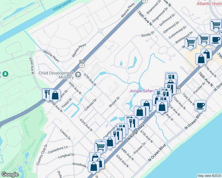 map of restaurants, bars, coffee shops, grocery stores, and more near 782 67th Avenue North in Myrtle Beach