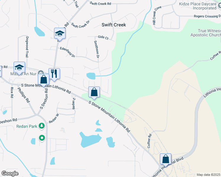 map of restaurants, bars, coffee shops, grocery stores, and more near 1592 Smithson Court in Lithonia