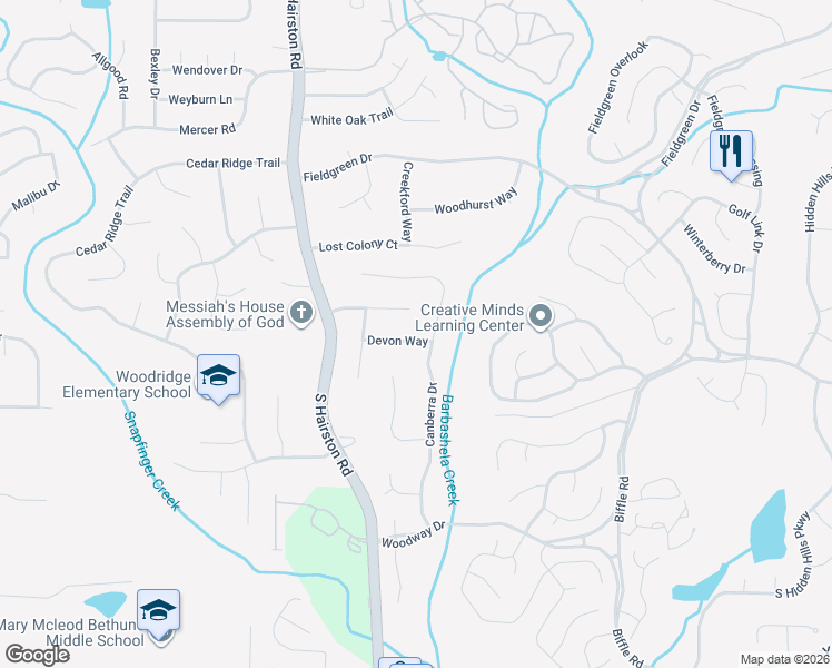 map of restaurants, bars, coffee shops, grocery stores, and more near 4778 Devon Way in Stone Mountain