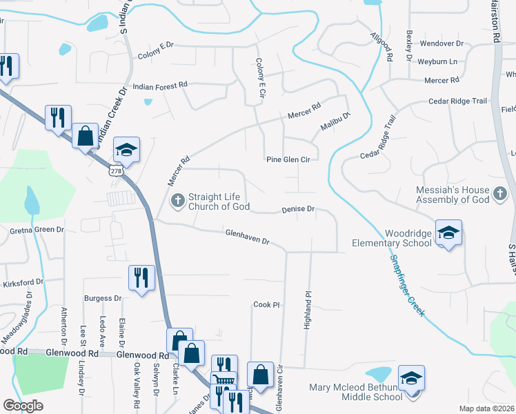 map of restaurants, bars, coffee shops, grocery stores, and more near 4364 Denise Drive in Decatur