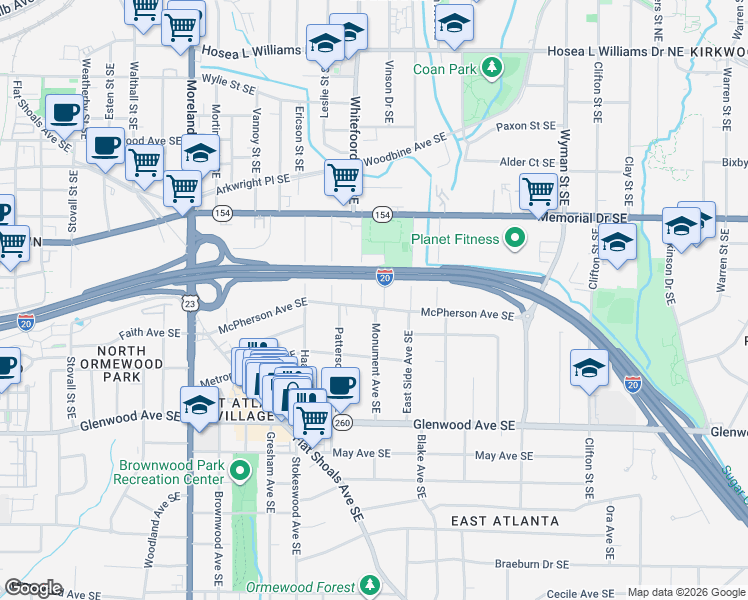 map of restaurants, bars, coffee shops, grocery stores, and more near 1397 McPherson Avenue Southeast in Atlanta
