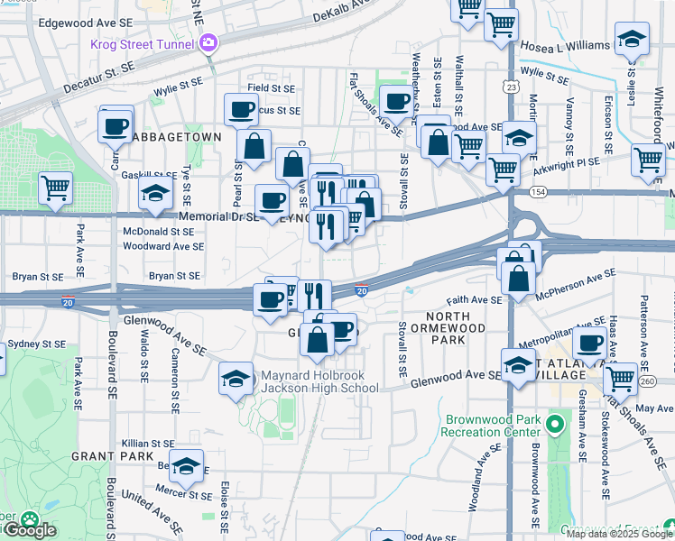 map of restaurants, bars, coffee shops, grocery stores, and more near Gibson Street Southeast in Atlanta
