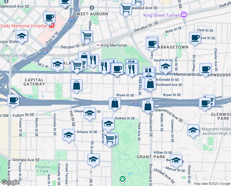 map of restaurants, bars, coffee shops, grocery stores, and more near 391 Cherokee Avenue Southeast in Atlanta