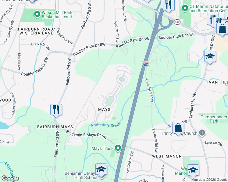 map of restaurants, bars, coffee shops, grocery stores, and more near 588 Lofty Lane in Atlanta