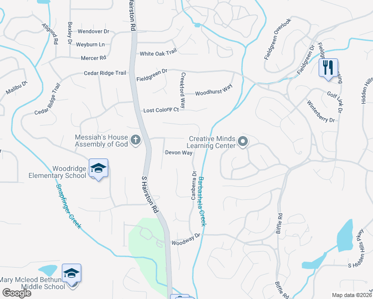 map of restaurants, bars, coffee shops, grocery stores, and more near 1704 Canberra Drive in Stone Mountain