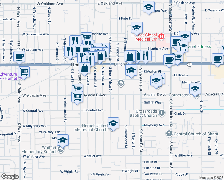 map of restaurants, bars, coffee shops, grocery stores, and more near 242 South Buena Vista Street in Hemet