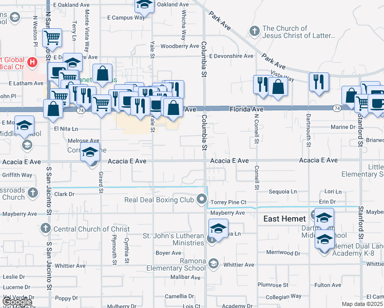 map of restaurants, bars, coffee shops, grocery stores, and more near 25977 Tamarisk Drive in Hemet