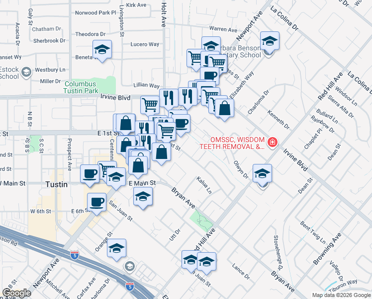 map of restaurants, bars, coffee shops, grocery stores, and more near 1107 East 1st Street in Tustin