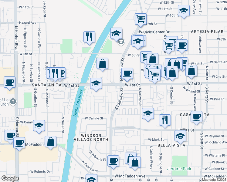 map of restaurants, bars, coffee shops, grocery stores, and more near 103 West Delft Avenue in Santa Ana