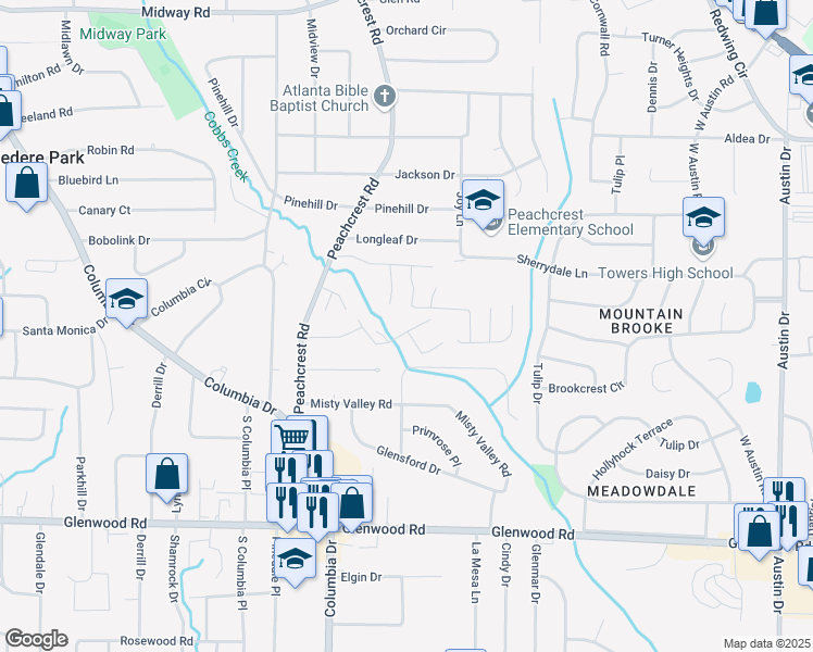 map of restaurants, bars, coffee shops, grocery stores, and more near 3432 Cobbs Ferry Drive in Decatur