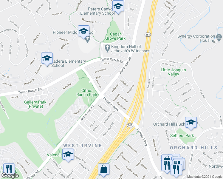 map of restaurants, bars, coffee shops, grocery stores, and more near 15 Ardmore in Irvine