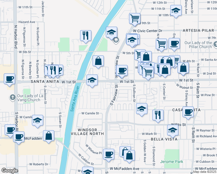 map of restaurants, bars, coffee shops, grocery stores, and more near 103 West Delft Avenue in Santa Ana