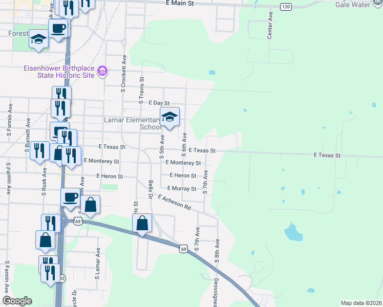 map of restaurants, bars, coffee shops, grocery stores, and more near 615 East Monterey Street in Denison