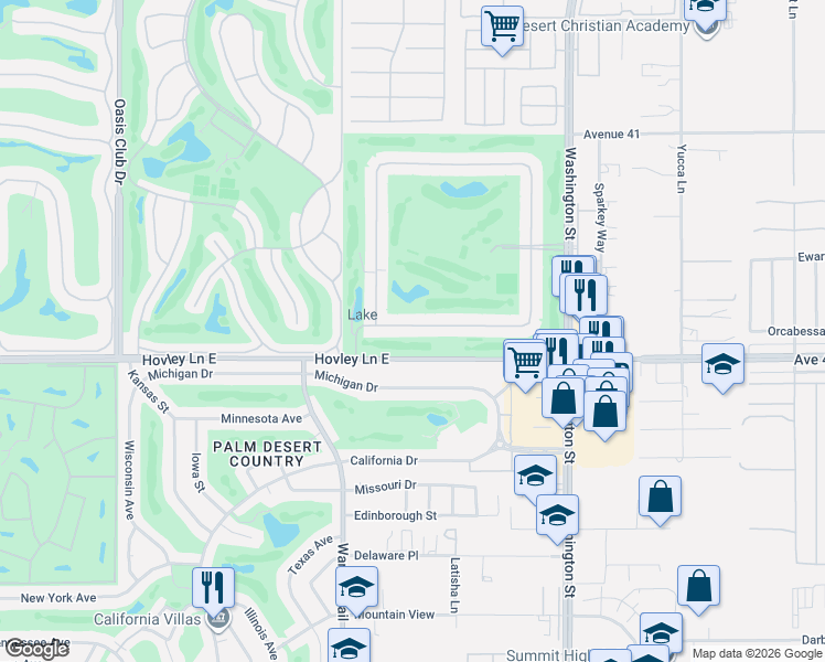 map of restaurants, bars, coffee shops, grocery stores, and more near 77657 Woodhaven Drive West in Palm Desert
