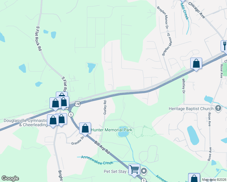 map of restaurants, bars, coffee shops, grocery stores, and more near West Strickland Street in Douglasville