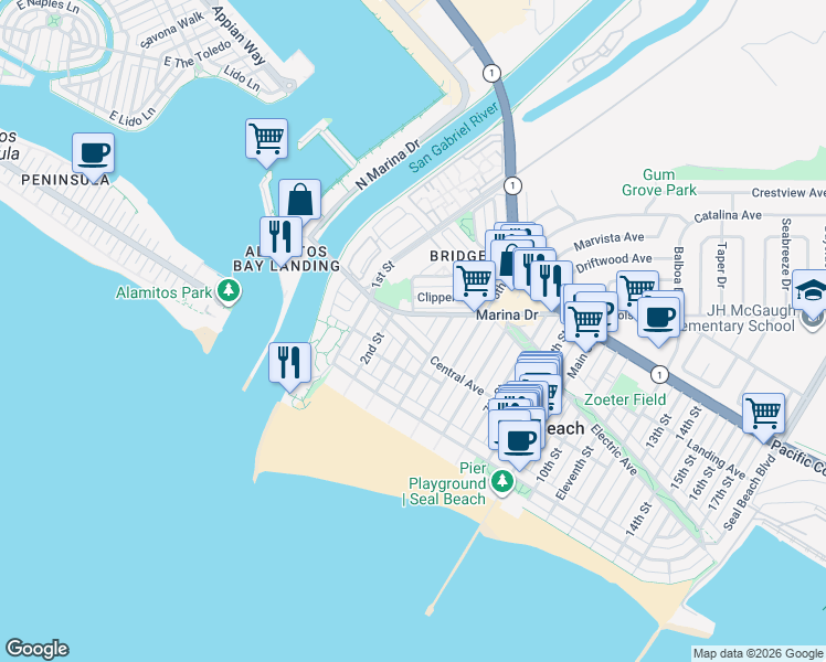 map of restaurants, bars, coffee shops, grocery stores, and more near 221 Central Avenue in Seal Beach
