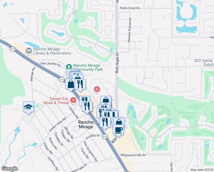 map of restaurants, bars, coffee shops, grocery stores, and more near 71922 Eleanora Lane in Rancho Mirage