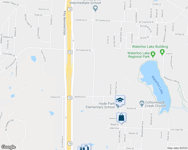 map of restaurants, bars, coffee shops, grocery stores, and more near South Lillis Lane in Denison