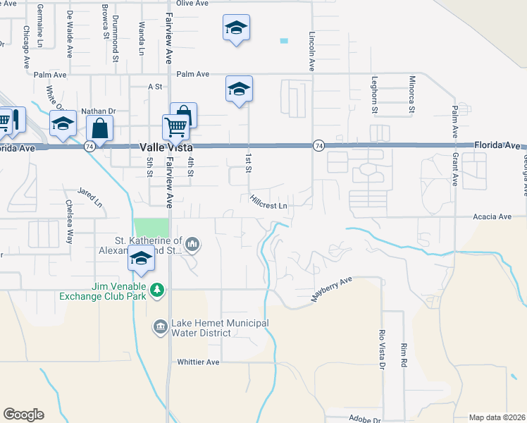 map of restaurants, bars, coffee shops, grocery stores, and more near 44275 Hillcrest Lane in Hemet