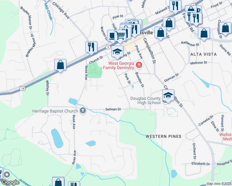 map of restaurants, bars, coffee shops, grocery stores, and more near 6788 Oakhurst Court in Douglasville