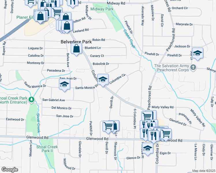 map of restaurants, bars, coffee shops, grocery stores, and more near 1542 Columbia Drive in Decatur