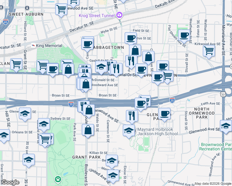 map of restaurants, bars, coffee shops, grocery stores, and more near 714 Bryan Street Southeast in Atlanta