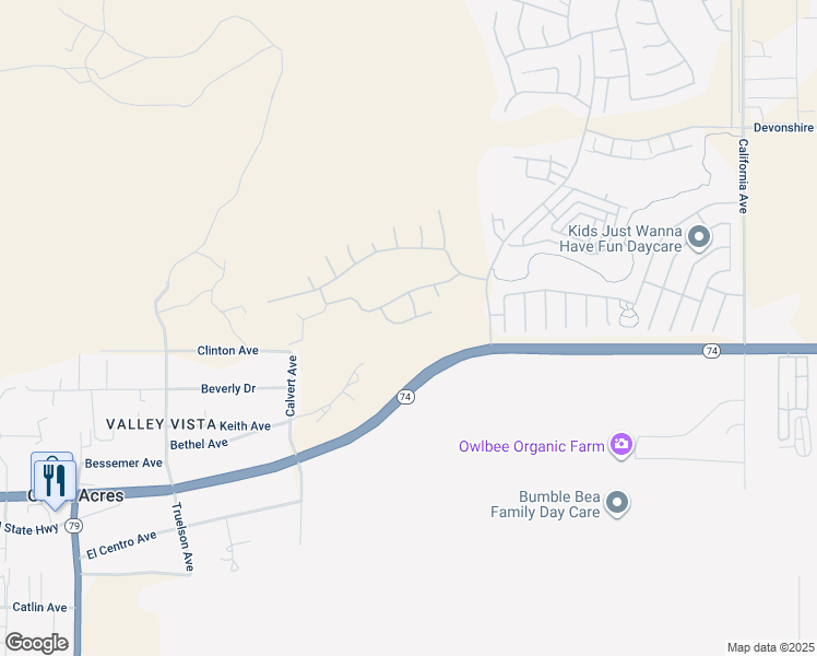 map of restaurants, bars, coffee shops, grocery stores, and more near 8760 Mann Lane in Hemet
