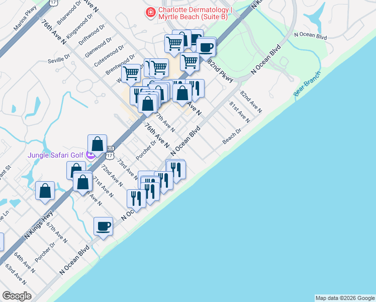 map of restaurants, bars, coffee shops, grocery stores, and more near 213 77th Avenue North in Myrtle Beach