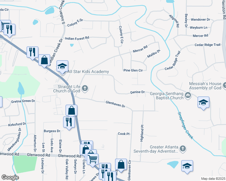 map of restaurants, bars, coffee shops, grocery stores, and more near 4349 Denise Drive in Decatur