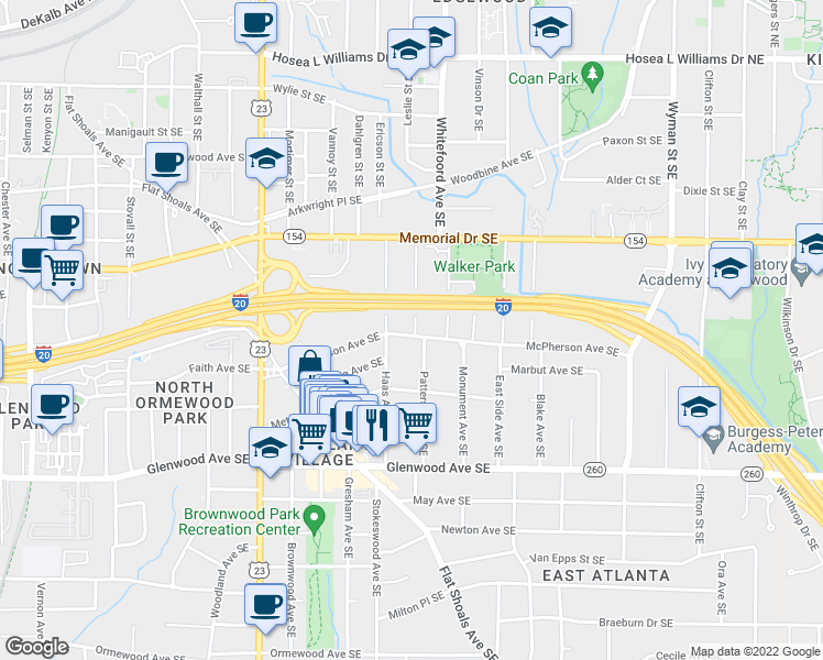 map of restaurants, bars, coffee shops, grocery stores, and more near 1354 McPherson Avenue Southeast in Atlanta