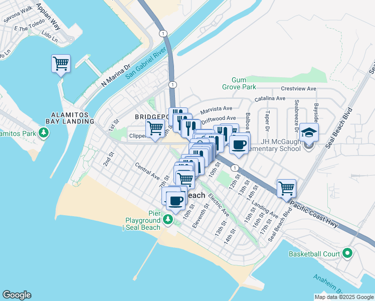 map of restaurants, bars, coffee shops, grocery stores, and more near 302 8th Street in Seal Beach