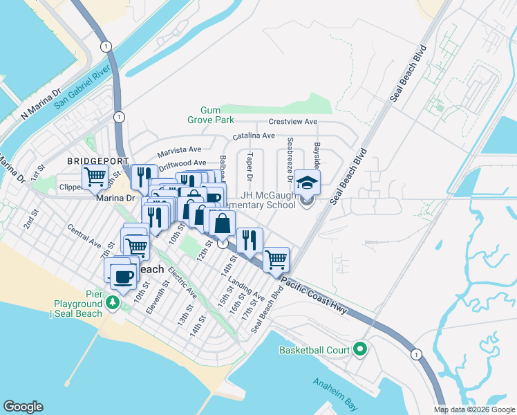 map of restaurants, bars, coffee shops, grocery stores, and more near 509 Riviera Drive in Seal Beach