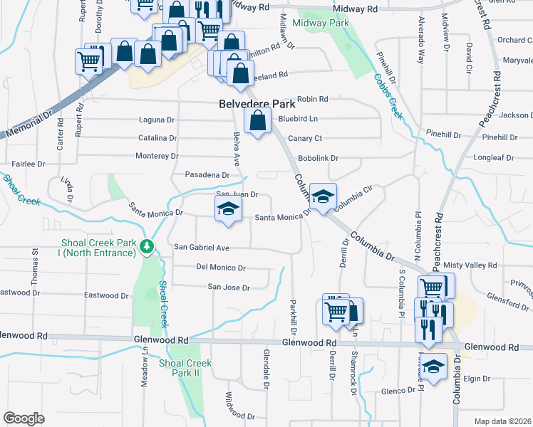 map of restaurants, bars, coffee shops, grocery stores, and more near 1664 Civic Club Place in Decatur