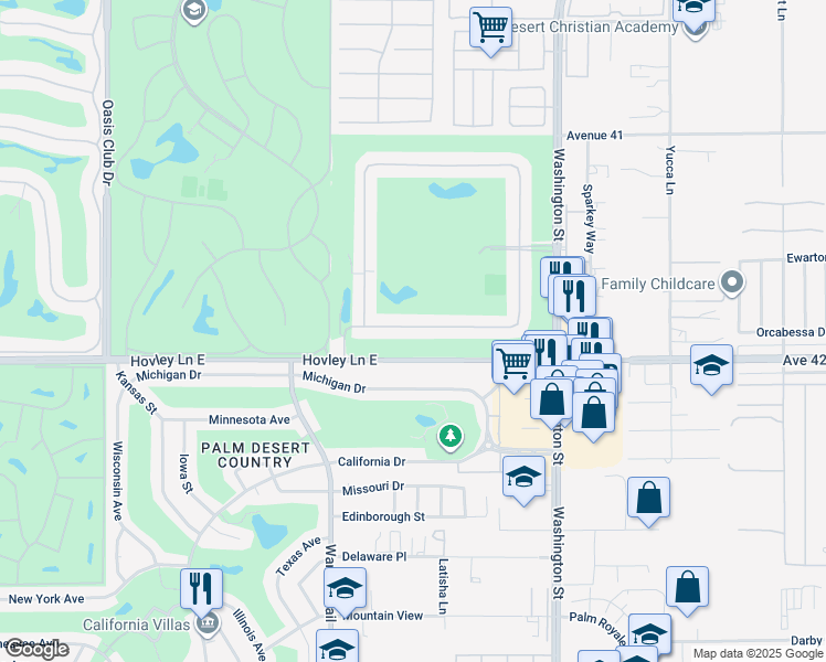 map of restaurants, bars, coffee shops, grocery stores, and more near 77743 Woodhaven Drive South in Palm Desert