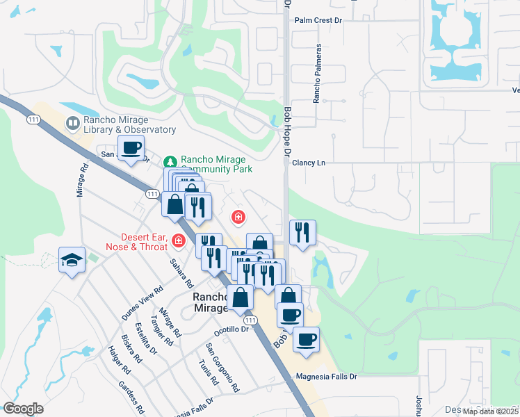 map of restaurants, bars, coffee shops, grocery stores, and more near 71866 Eleanora Lane in Rancho Mirage