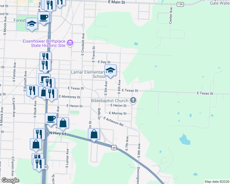 map of restaurants, bars, coffee shops, grocery stores, and more near 524 East Texas Street in Denison