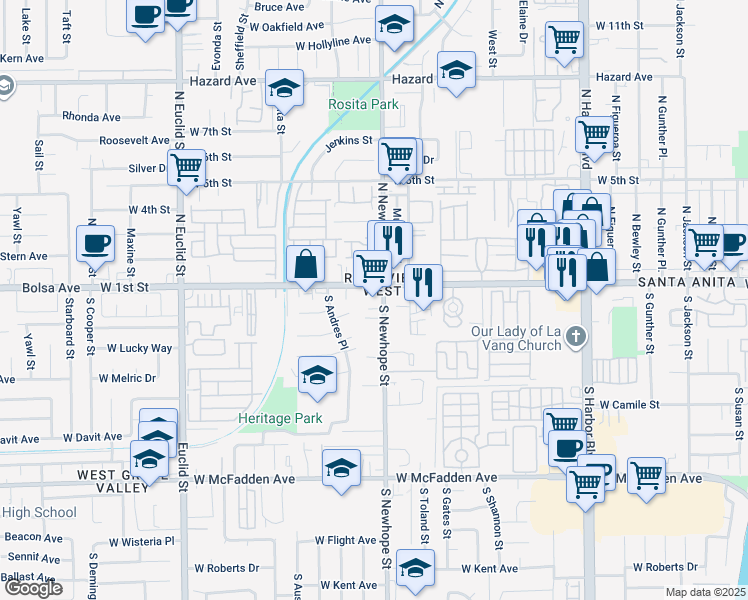 map of restaurants, bars, coffee shops, grocery stores, and more near 201 South Newhope Street in Santa Ana