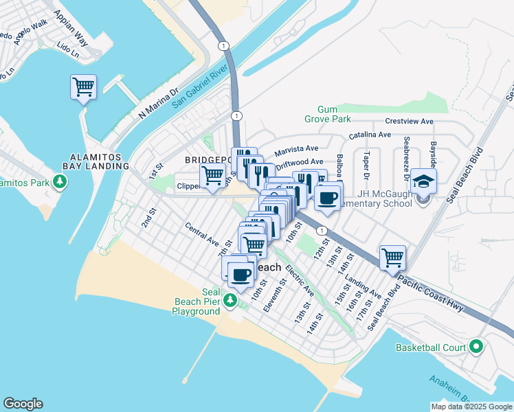 map of restaurants, bars, coffee shops, grocery stores, and more near 320 7th Street in Seal Beach