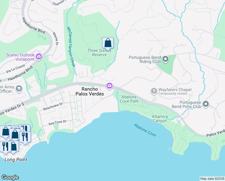 map of restaurants, bars, coffee shops, grocery stores, and more near 1 Sea Cove Drive in Rancho Palos Verdes