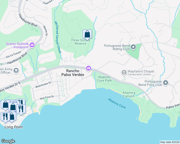 map of restaurants, bars, coffee shops, grocery stores, and more near 1 Sea Cove Drive in Rancho Palos Verdes