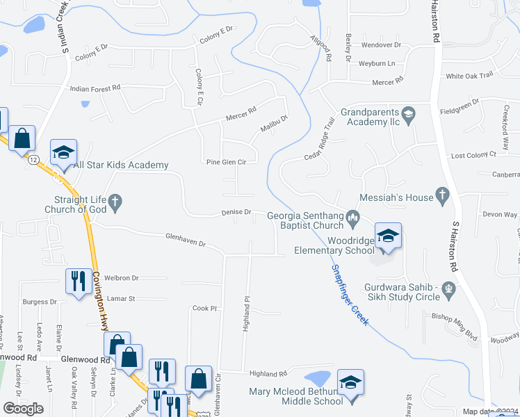 map of restaurants, bars, coffee shops, grocery stores, and more near 4472 Denise Drive in Decatur