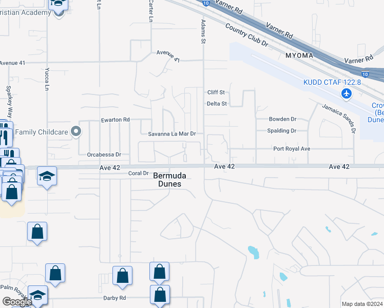 map of restaurants, bars, coffee shops, grocery stores, and more near 78650 Avenue 42 in Bermuda Dunes