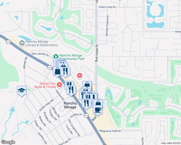 map of restaurants, bars, coffee shops, grocery stores, and more near 71922 Eleanora Lane in Rancho Mirage
