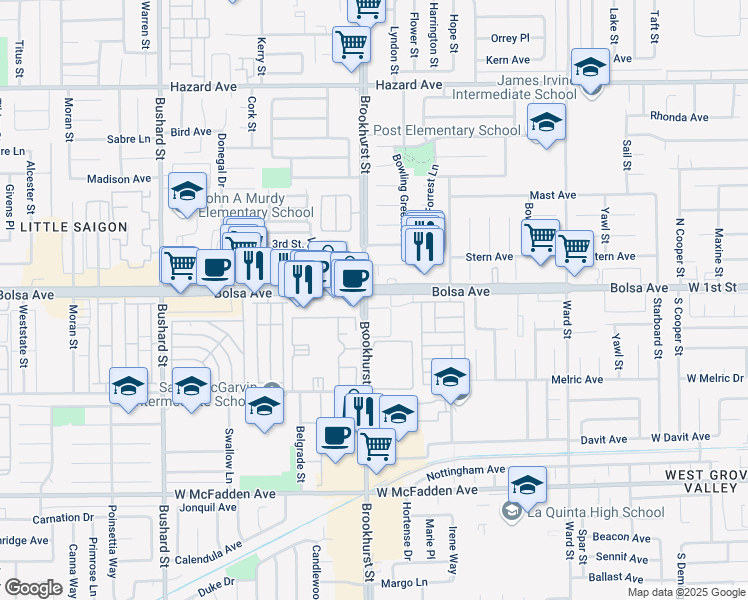 map of restaurants, bars, coffee shops, grocery stores, and more near 10052 Bolsa Avenue in Westminster