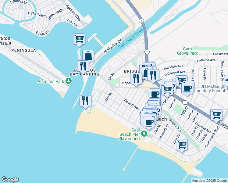map of restaurants, bars, coffee shops, grocery stores, and more near 302 Central Avenue in Seal Beach