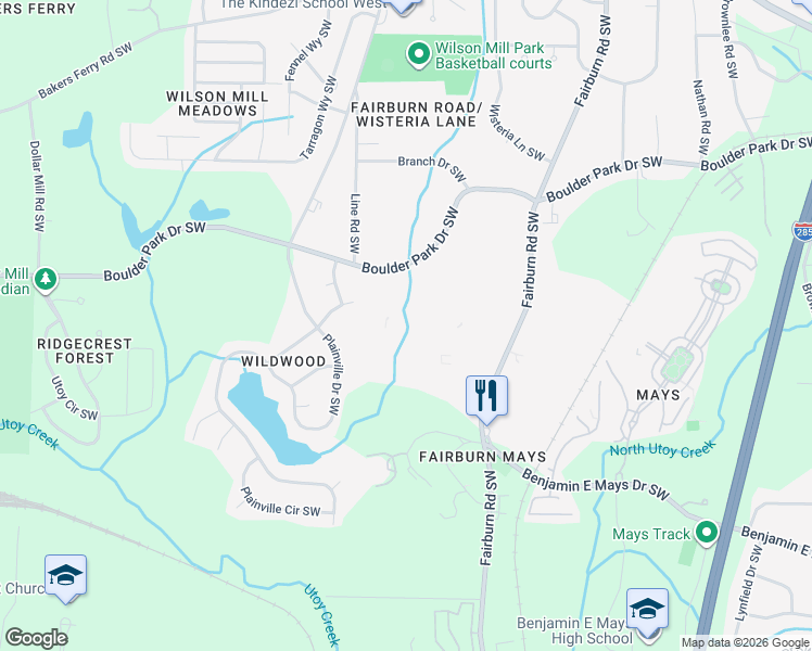 map of restaurants, bars, coffee shops, grocery stores, and more near 405 Fairburn Road Southwest in Atlanta