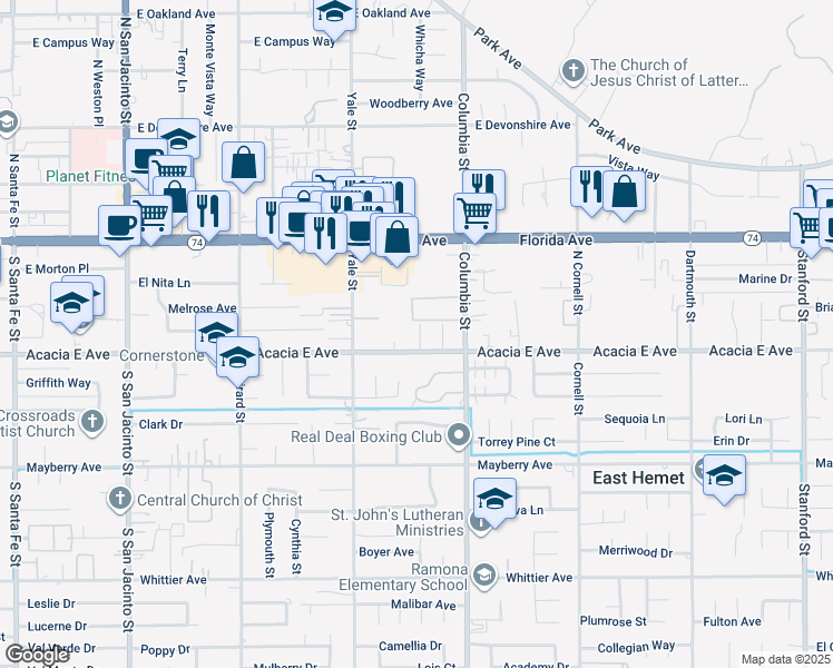 map of restaurants, bars, coffee shops, grocery stores, and more near 40869 Acacia East Avenue in Hemet